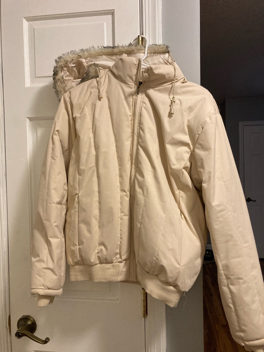 Kids Cream Hooded Puffer Jacket with Faux-Fur Trim